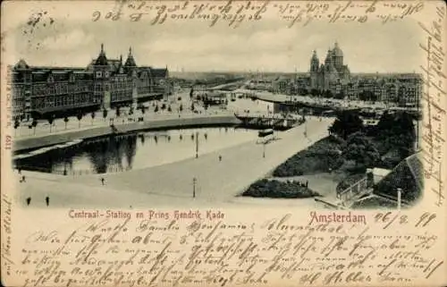 Ak Amsterdam Nordholland Niederlande, Hauptbahnhof und St.-Nikolaus-Kirche