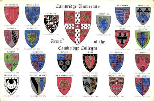 Wappen Ak Cambridge East England, Universität, Wappen der Colleges, Peterhouse, Churchill, Newnham