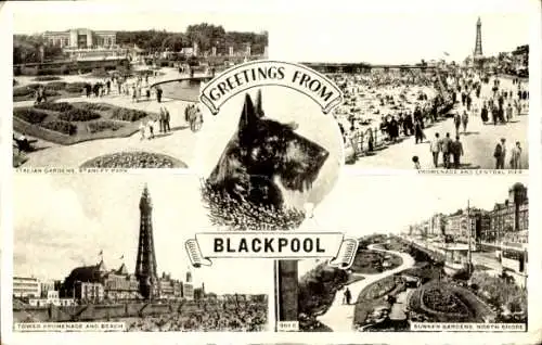 Ak Blackpool Lancashire England, Italienische Gärten, Promenade, Central Pier, Turm, Strand