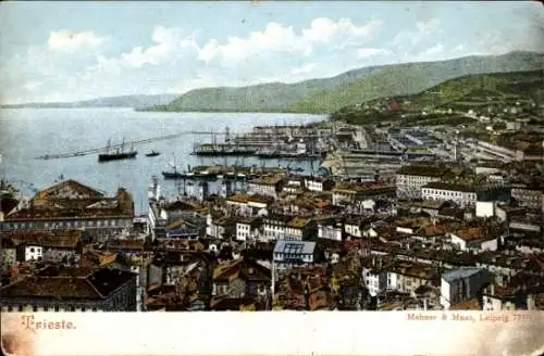 Ak Triest Trieste Friuli Venezia Giulia, Panorama, Hafen, Luftbild