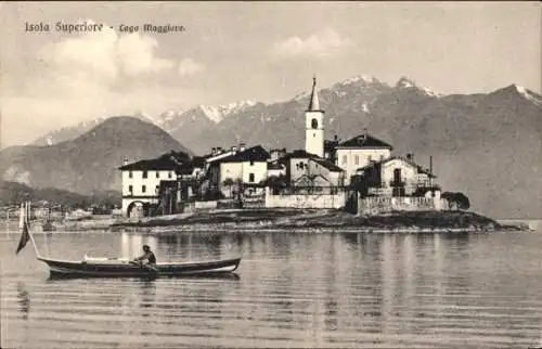 Ak Isola dei Pescatori Lago Maggiore, Blick auf die Insel, Ruderboot, Berge