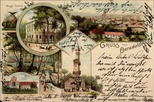 Litho Eberswalde, Kriegerdenkmal, Gesundbrunnen, Kloster Chorin, Wasserfall, Kaiser Wilhelm Turm