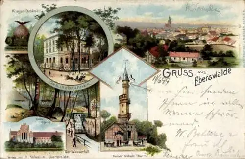 Litho Eberswalde, Kriegerdenkmal, Gesundbrunnen, Kloster Chorin, Wasserfall, Kaiser Wilhelm Turm