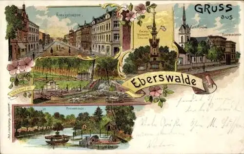 Litho Eberswalde, Kreuzstraße, Kirche, Forstakademie, Wasserfall, Promenade, Kaiser Wilhelm Turm