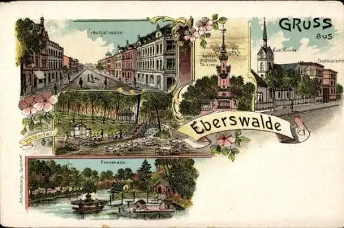 Litho Eberswalde, Kreuzstraße, Kirche, Forstakademie, Kaiser Wilhelm Turm, Wasserfall, Promenade