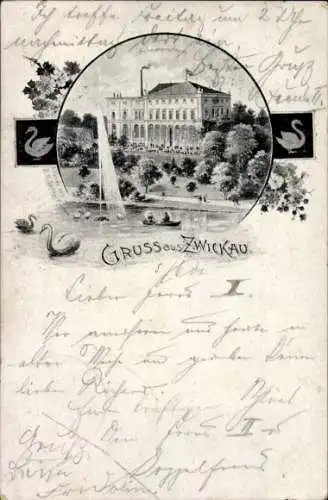 Litho Zwickau in Sachsen, Schwanenschloss mit Teich und Boot