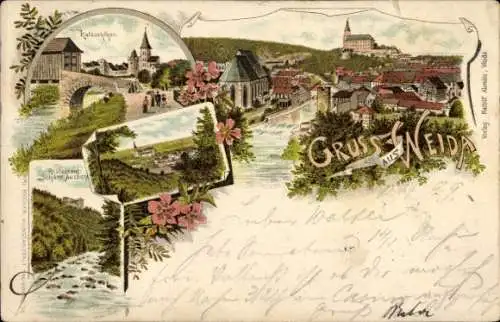 Litho Weida in Thüringen, Katzschtor, Restaurant Schöne Aussicht, Stadtpanorama