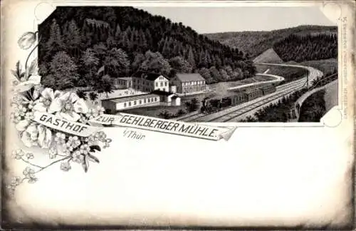 Litho Gehlberg Thüringen, Gasthof zur Gehlberger Mühle v. E. Möller, Bahnstrecke, Dampflokomotive