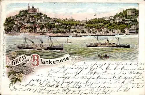 Litho Hamburg Altona Blankenese, Gesamtansicht, Segelschiff, Dampfer