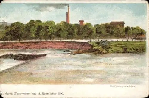 Künstler Litho Ullmann, F., Zwickau, durch Hochwasser zerstörte Brücke, 18. September 1899