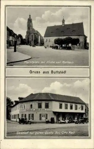 Ak Buttstädt in Thüringen, Marktplatz mit Kirche und Rathaus, Gasthof zur guten Quelle