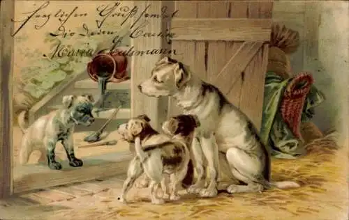 Litho Hundenfamilie, Welpen, Gefärbter Hund