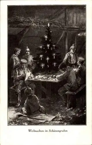 Ak Glückwunsch Weihnachten, Soldaten im Schützengraben, Weihnachtsbaum