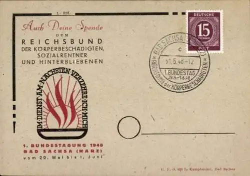 Ak Bad Sachsa Harz, 1. Bundestagung 1948, Reichsbund der Körperbeschädigten