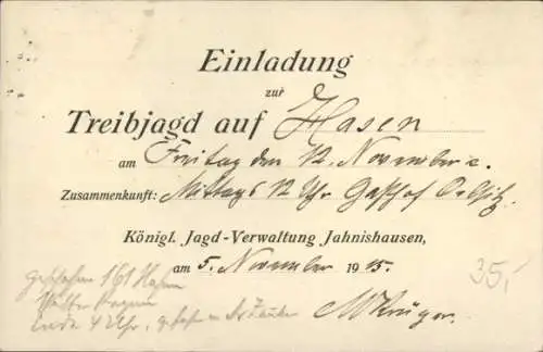 Ak Jahnishausen Riesa an der Elbe Sachsen, Einladung zur Treibjagd auf Hasen, König. Jagd-Verwaltung