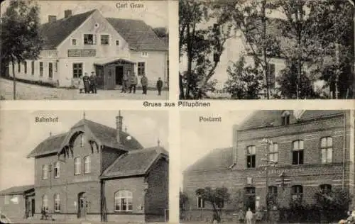 Ak Newskoje Pillupönen Ostpreußen, Bahnhof, Kirche, Postamt, Geschäftshaus Carl Grau