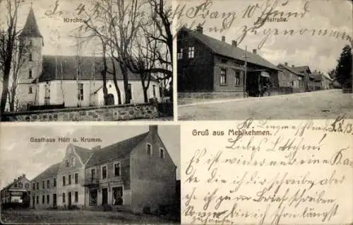 Ak Mehlkehmen Kalinino Ostpreußen, Kirche, Dorfstraße, Gasthaus Hütt und Krumm