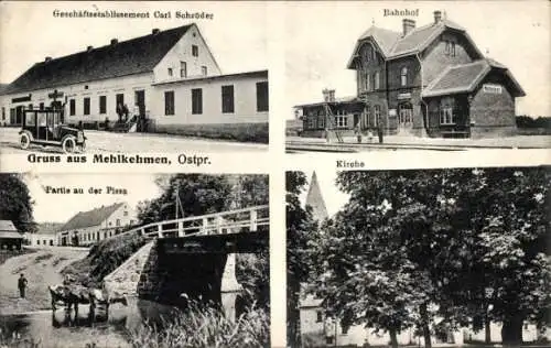 Ak Mehlkehmen Kalinino Ostpreußen, Geschäftshaus Carl Schröder, Bahnhof, Kirche, Pissa