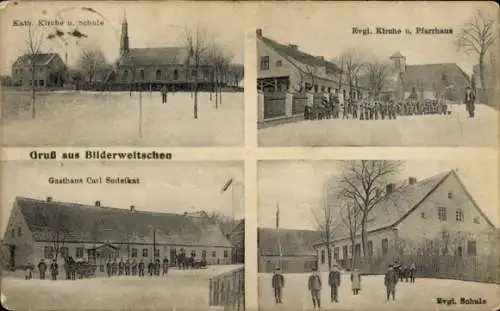 Ak Lugowoje Bilderweitschen Ostpreußen, Kirchen, Schulen, Gasthaus Carl Sodelkat, Pfarrhaus