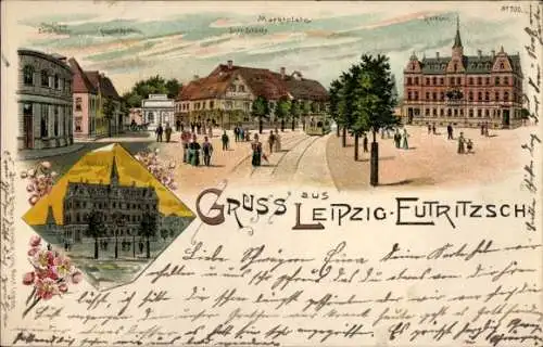 Litho Eutritzsch Leipzig in Sachsen, Marktplatz, Rathaus, Schänke, Conditorei