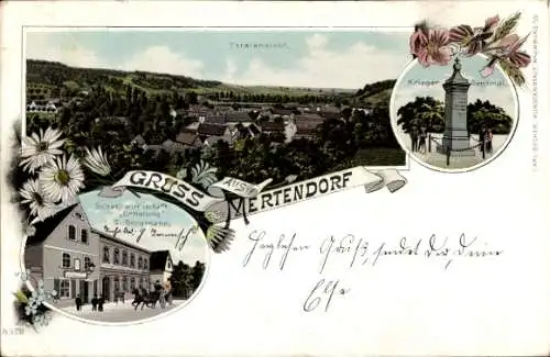 Litho Mertendorf im Burgenlandkreis, Gesamtansicht, Schankwirtschaft zur Erholung, Kriegerdenkmal