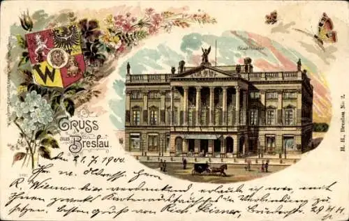 Wappen Litho Wrocław Breslau Schlesien, Stadttheater, Schmetterlinge