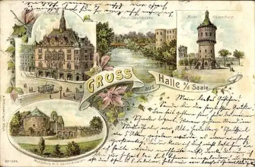 Litho Halle an der Saale, Ratskeller, Moritzburg, neue Saalebrücke, Neuer Wasserturm