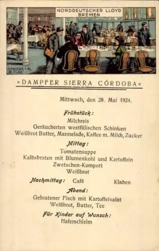 Ak Dampfer Sierra Cordoba, Speiseplan, Speisesaal, Norddeutscher Lloyd Bremen NDL