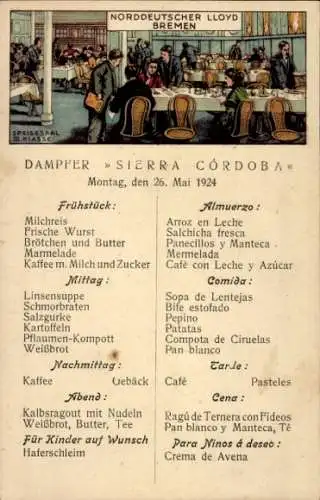 Ak Dampfer Sierra Cordoba, Speiseplan, Speisesaal, Norddeutscher Lloyd Bremen NDL