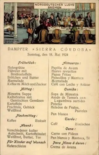 Ak Dampfer Sierra Cordoba, Speiseplan, Speisesaal, Norddeutscher Lloyd Bremen NDL