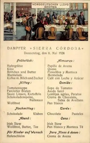 Ak Dampfer Sierra Cordoba, Speiseplan, Speisesaal, Norddeutscher Lloyd Bremen NDL