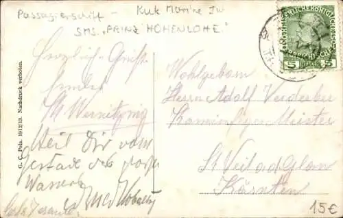 Ak Eildampfer Prinz Hohenlohe, Österreichischer Lloyd