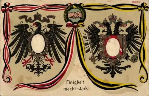 Präge Passepartout Ak Einigkeit macht stark, Kaiser Wilhelm II., Kaiser Franz Joseph I.