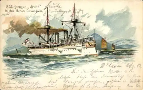 Künstler Litho Siehl, Deutsches Kriegsschiff, SMS Irene, Kreuzer, in den chinesischen Gewässern