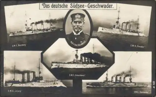 Ak Kriegsschiffe, SMS Nürnberg, Dresden, Leipzig, Scharnhorst, Gneisenau, Admiral Graf. v. Spree