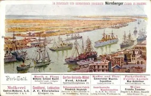 Litho Port Said Ägypten, Gesamtansicht, Hafen, Handelsschiffe, Kriegsschiffe, Firmen, Molkerei