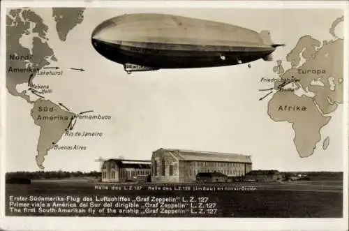 Landkarten Ak LZ 127, Graf Zeppelin, 1. Südamerika Flug