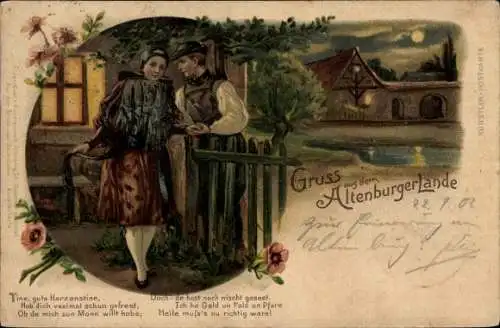 Litho Altenburg in Thüringen, Paar in Tracht am Gartenzaun, Mondschein