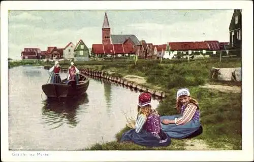 Ak Marken Nordholland Niederlande, Mädchen in Tracht, Kanalpartie, Kirche