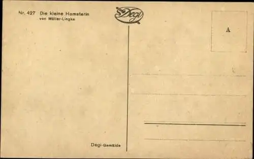 Künstler Ak Müller-Lingke, Die kleine Hamsterin, Mädchen, Korb, Brot, MIlchkanne