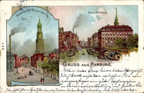 Litho Hamburg, Schaarmarkt mit Michaeliskirche, Altes Rathaus an der Elbe, Brücke und Boote