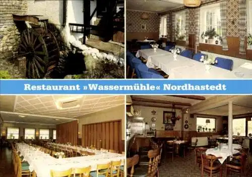 Ak Nordhastedt in Dithmarschen, Restaurant Wassermühle, Gastraum, Wasserrad