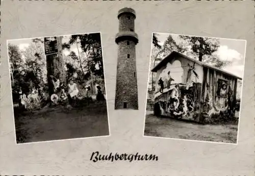 Ak Langenselbold in Hessen, Buchbergturm, bemaltes Haus, Zwerge