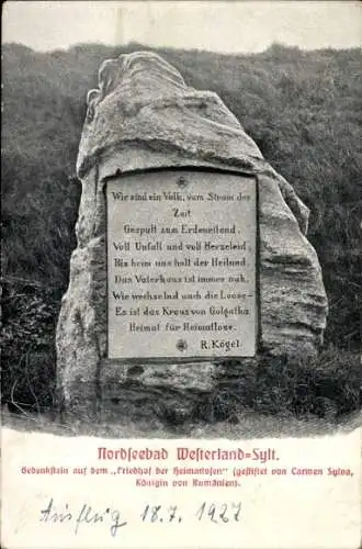 Ak Westerland auf Sylt, Gedenkstein auf dem Friedhof der Heimatlosen