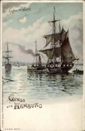 Litho Hafen bei Nacht, Segelschiff