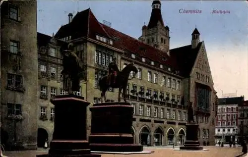 Ak Chemnitz in Sachsen, Rathaus, Denkmäler