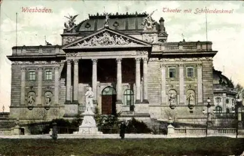 Ak Wiesbaden in Hessen, Theater mit Schillerdenkmal