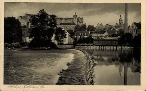 Ak Colditz in Sachsen, Teilansicht, Schloss, Mulde, Wehr