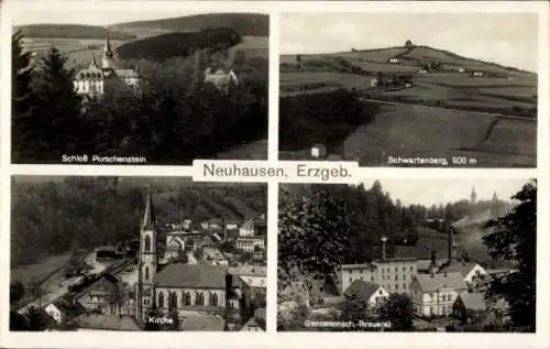 Ak Neuhausen im Erzgebirge, Schloss Purschenstein, Kirche, Brauerei, Schwartenberg