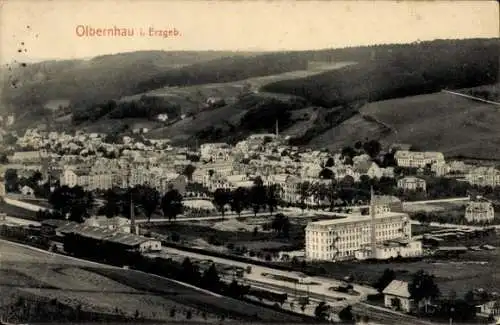 Ak Olbernhau im Erzgebirge Sachsen, Totalansicht der Ortschaft, Bahnstrecke